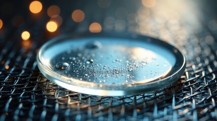 Close-up of water droplets on a glass dish resting on a metallic mesh surface, illuminated by soft bokeh lights