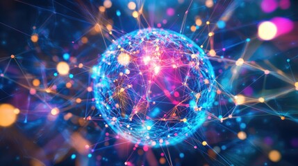 Poster - A vibrant, abstract sphere with colorful nodes and connections radiating from its core, representing interconnected ideas or data networks
