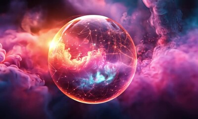 Wall Mural - Vibrant cosmic scene featuring a glowing purple and pink planet surrounded by nebulae.