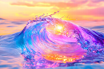 Wall Mural - colorful sunset wave splashing ocean