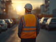 © ASPmedia - worker in a helmet and vest against the backdrop of a city . Generative AI