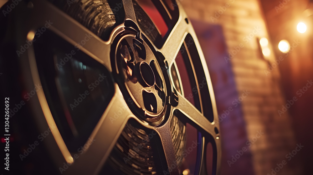Cinematic film grain scene of vintage movie reel studio background ...