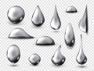 Wall Mural - silver liquid drip collection with various metallic fluid shapes on transparent background. differen
