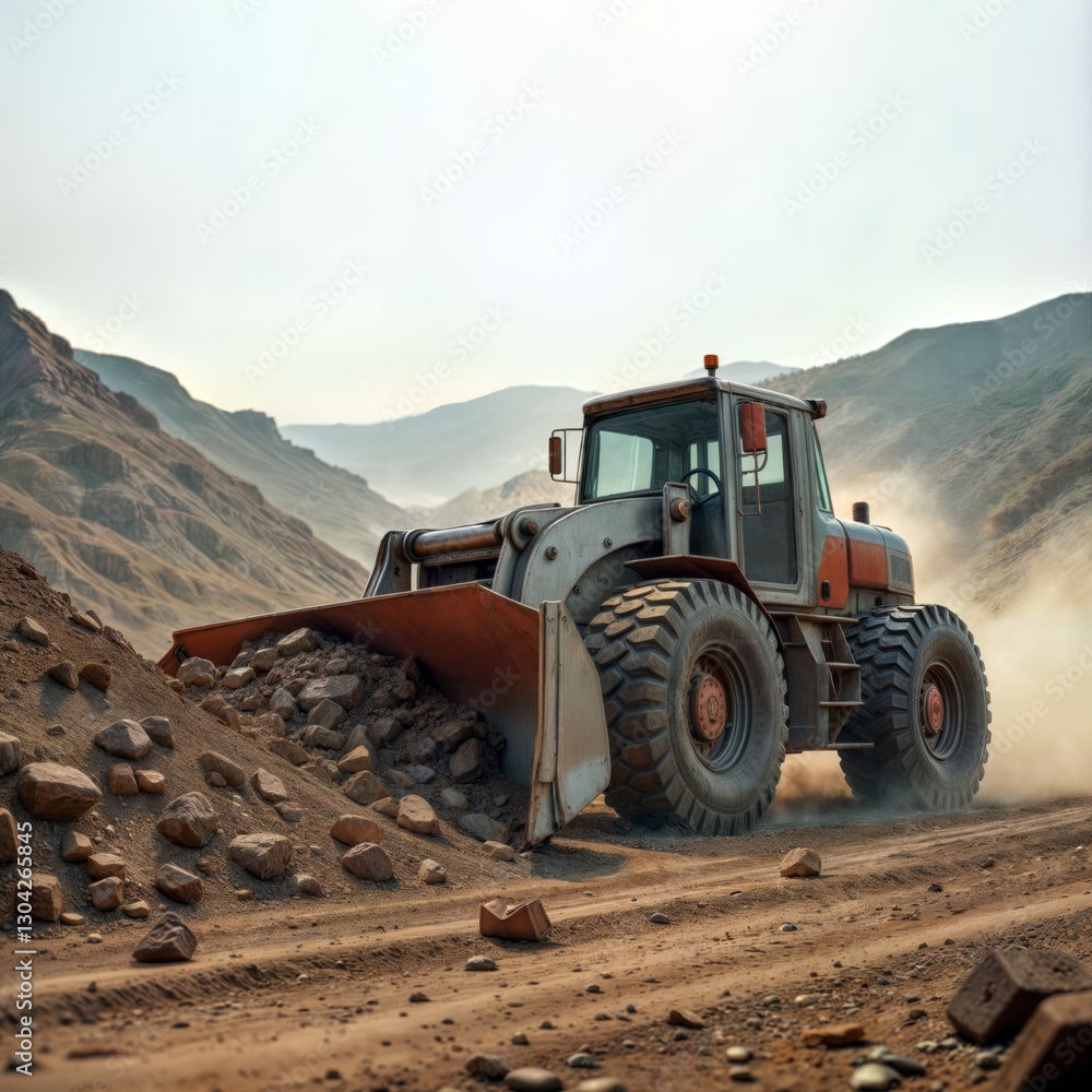 Bulldozer at Work. Bulldozer levels ground in a mountainous area ...