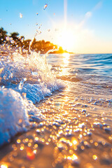 Wall Mural - sunrise beach waves, golden hour