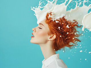 Aufkleber - woman with red hair is splashed with milk against blue background