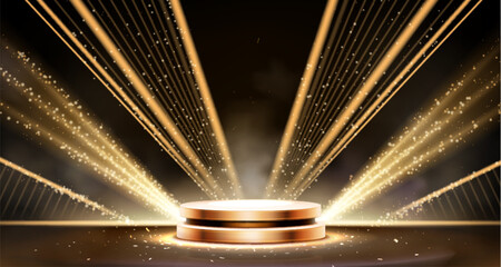 Wall Mural - black luxury podium with golden light beams radiating outward on dark background. glowing illuminate