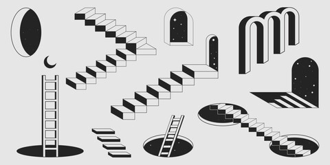 Abstract surreal ladders set isolated on white background. Vector illustration of black stairs, round holes, arch windows with moon and stars, retro portal to space, dream doorway, infinity illusion