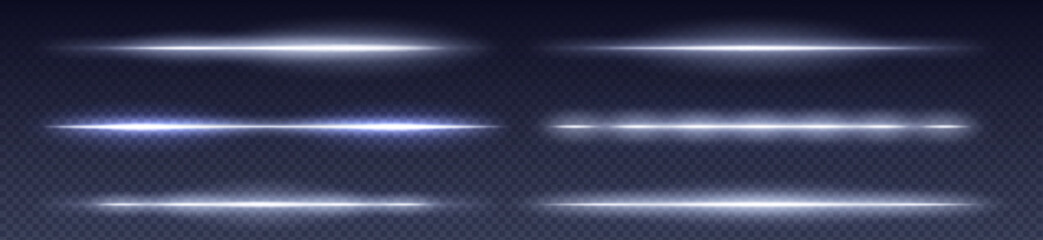 Wall Mural - white neon laser beam set on transparent dark blue background. horizontal glowing lines with differe