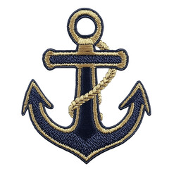 anchor with rope embroidery patch logo, navy blue, sailor theme on the png background. –