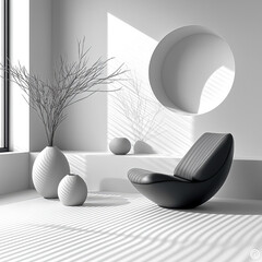 Poster - modern interior featuring sleek chair, minimalist decor, and soft shadows. space is bright and airy, creating serene atmosphere