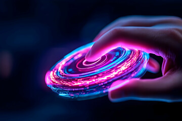 Wall Mural - hand interacting with glowing futuristic disc in dark space