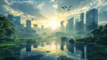 A scenic landscape shows urban development and natural elements blending