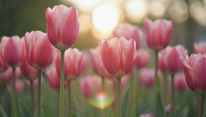 Wall Mural - A Field of Blooming Tulips: A vibrant field of pink tulips, illuminated by the soft glow of the sun, creates a scene of delicate beauty and natural harmony