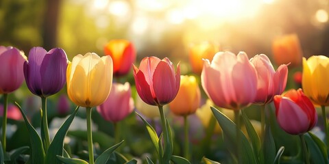 Wall Mural - Floral Symphony: A close-up of vibrant, multi-colored tulips bathed in golden sunlight, creating a beautiful and uplifting scene, capturing the essence of spring