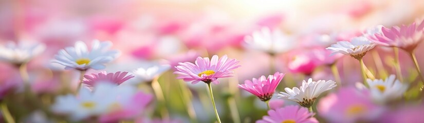 Wall Mural - Blooming Serenity: A close-up of delicate pink and white daisies in soft focus, bathed in warm sunlight, evokes a sense of peace and the start of spring. 