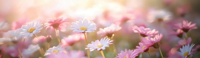 Wall Mural - Blossom of serenity: a vibrant carpet of daisies and pink flowers blooms. a delicate dance of light and color captured, inviting viewers into a world of natural beauty