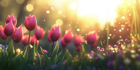 Wall Mural - Tulip Garden in Sunlight: Vibrant pink tulips bathed in warm sunlight, set against a backdrop of a blurry meadow, evoke a sense of springtime bliss, growth, and the ephemeral beauty of nature.