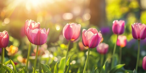 Wall Mural - Tulips Bloom in the Sunlight: A close-up shot of vibrant pink tulips bathed in soft sunlight. The scene evokes feelings of freshness and renewal, creating a sense of natural beauty.