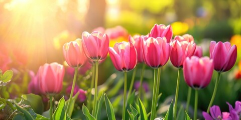Wall Mural - Pink Tulips in Sunlight: A vibrant cluster of pink tulips basks in the warm glow of the setting sun, their petals softly illuminated, creating a captivating display of springtime beauty.
