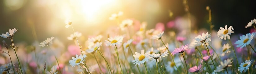 Wall Mural - Blooming Meadow: A close-up panorama showcasing a vibrant meadow in full bloom, wildflowers bathed in golden sunlight, invoking feelings of joy, peace, and natural beauty.