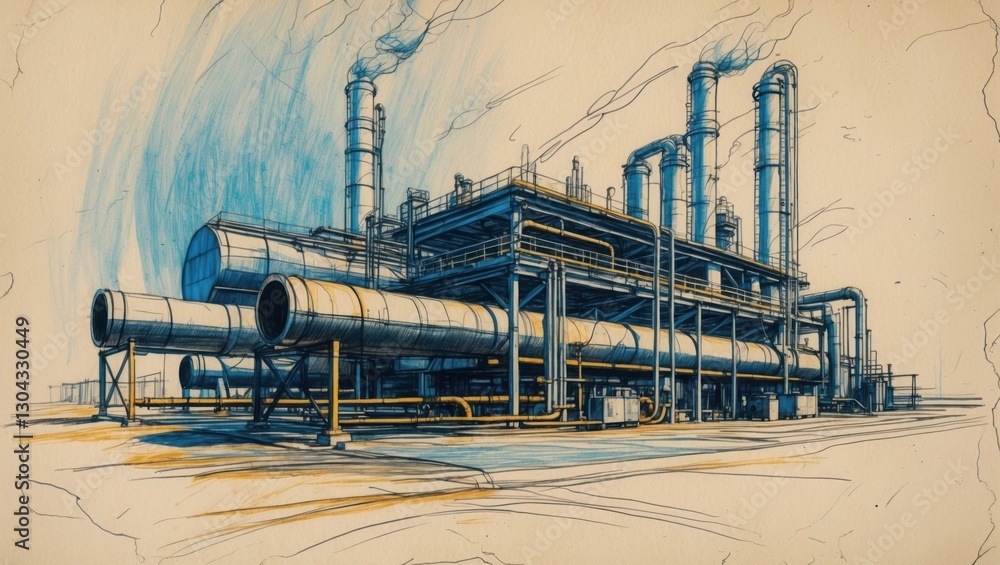 Sketch style drawing of factory with smoke. Blue and yellow lines ...