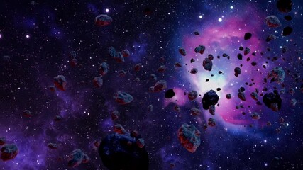Wall Mural - Dark asteroids traveling through infinite cosmic expanse, moving silently toward distant nebula with mysterious interstellar journey revealing vast space environment