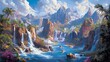 © Hesti - Vibrant Tropical Landscape with Cascading Waterfalls and Majestic Mountains
