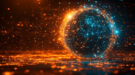 Wall Mural - Glowing Network Sphere Dramatic Orange Blue Light. AI Generated