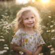 © Valua Vitaly - Beautiful little girl with long hair on nature while sunrise. Portrait of a beautiful small girl in meadow flowers at sunrise. Portrait of happy blonde  little girl in spring. Digital art