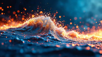 Aufkleber - Abstract Digital Wave With Glowing Orange And Yellow Light Particles
