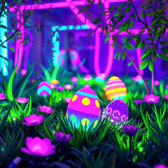  Neon art of Easter eggs in a glowing garden, futuristic and festive.