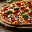 © BrandwayArt - Delicious pepperoni pizza topped with fresh basil on wooden table