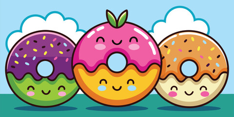 Poster - Sweet and colorful cartoon donuts with playful designs on a bright blue background