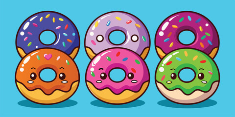 Poster - Sweet and colorful cartoon donuts with playful designs on a bright blue background