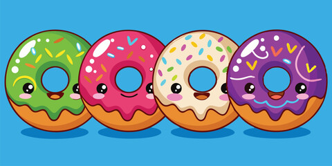 Poster - Sweet and colorful cartoon donuts with playful designs on a bright blue background