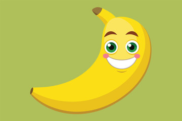 Poster - Vector illustration of a cheerful banana character with a big smile set against a light green background