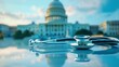 © TensorSpark - Stethoscope in front of capitol symbolizes healthcare reform and policy change.