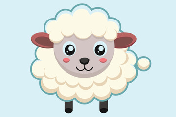 Poster - Cute cartoon sheep illustration with fluffy white wool and a cheerful expression on a vibrant turquoise background