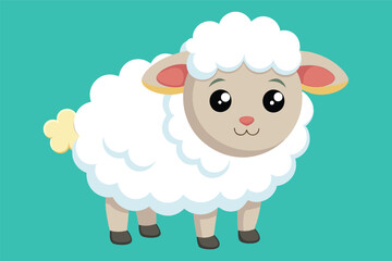 Poster - Cute cartoon sheep illustration with fluffy white wool and a cheerful expression on a vibrant turquoise background