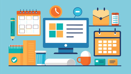 Fototapete - Creative workspace illustration featuring a computer, clock, calendar, and office supplies for productivity and organization