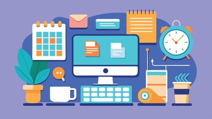 Fototapete - Creative workspace illustration featuring a computer, clock, calendar, and office supplies for productivity and organization