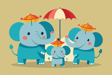 Poster - Cute elephants with umbrellas enjoying a playful moment in the rain during a vibrant and cheerful afternoon in a whimsical illustrated environment
