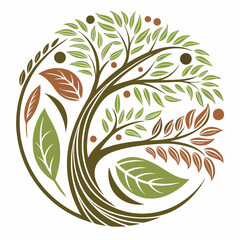 Poster - Graphic representation of a circular tree design incorporating diverse foliage and dynamic patterns with earthy tones and a clean vector style