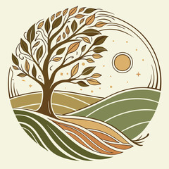 Poster - Graphic representation of a circular tree design incorporating diverse foliage and dynamic patterns with earthy tones and a clean vector style