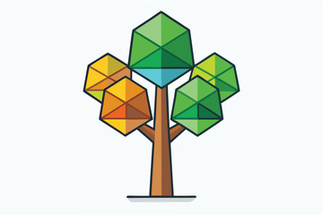 Poster - Stylized vector illustration of a geometric tree design with vibrant green leaves against a light blue background