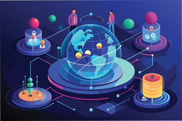 Poster - Illustration depicting global connectivity and collaboration among professionals in a digital workspace with charts and data visualization