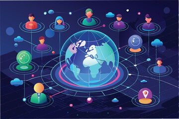 Aufkleber - Illustration depicting global connectivity and collaboration among professionals in a digital workspace with charts and data visualization
