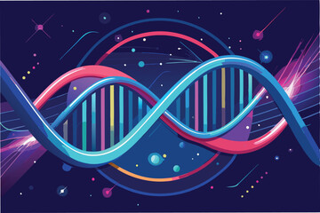 Poster - Vector illustration of a colorful DNA double helix against a dark background featuring molecular structures and vibrant spheres in a modern design