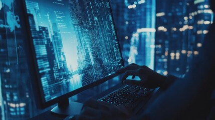 Night city coder working on desktop computer